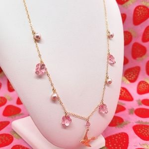 14k gold filled pink pearl Swarovski crystal bird Japanese sakura necklace
